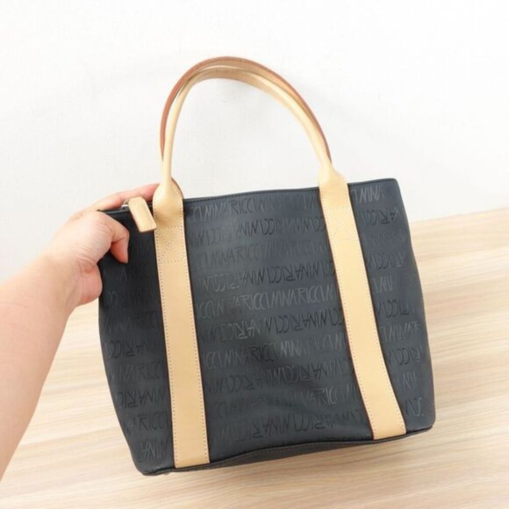 Vintage NINA RICCI Bag Medium Black‎ Leather Monogram Zip Tote PVC City ITALY